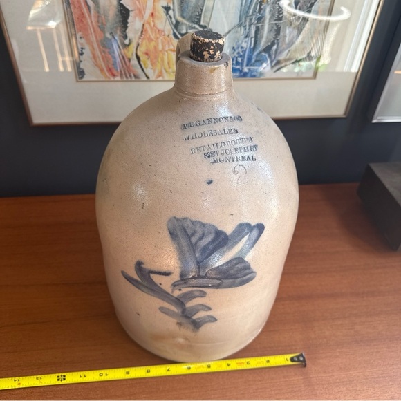 Stoneware Jug- 2 Gal Pegannon & Co WholesaleMontreal Antique 1800's. Cobalt Blue - Picture 3 of 14